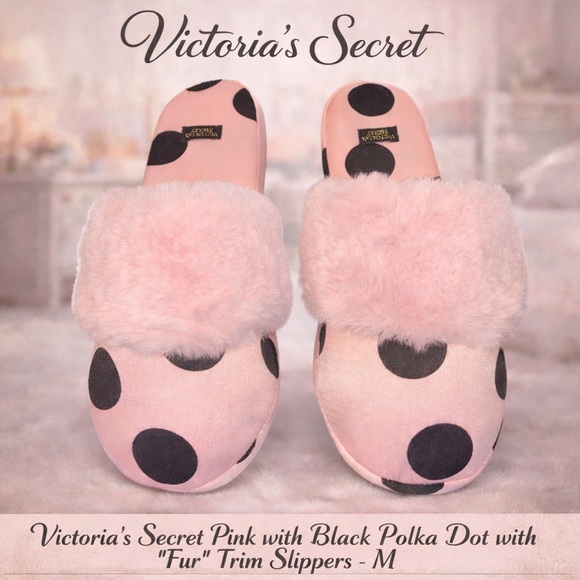 Victoria's Secret Shoes - Victoria Secret Pink with black polka dot with "fur" trim Slippers - M